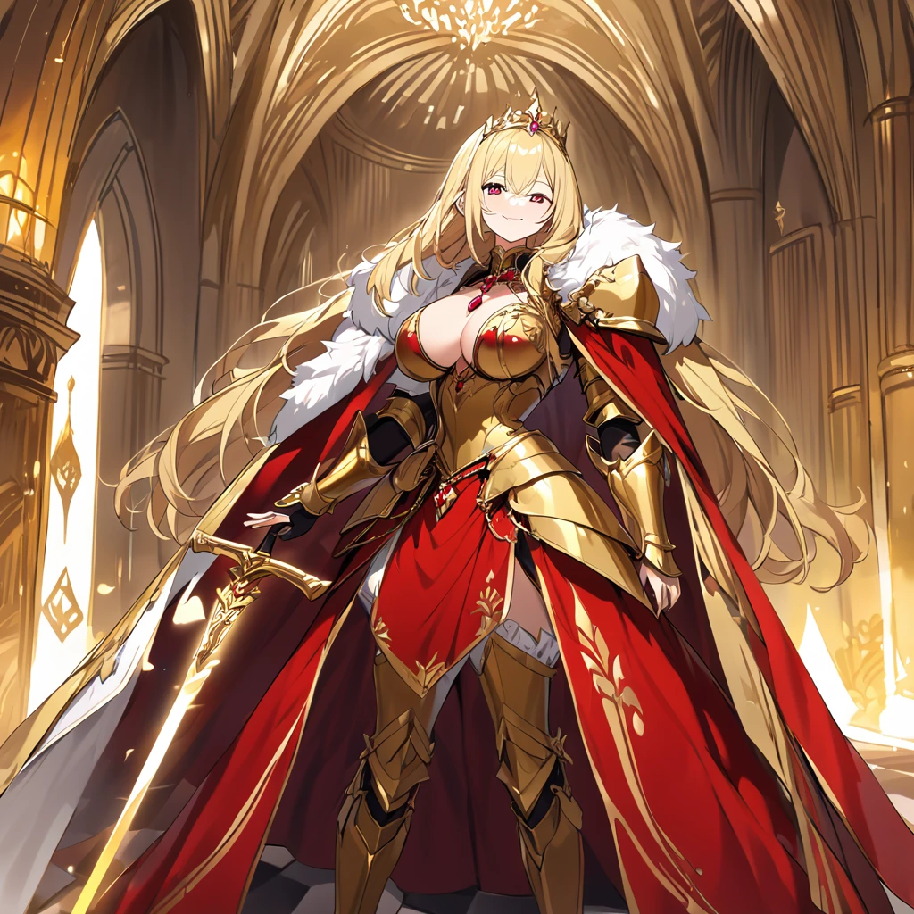 A woman wearing heavy golden armor with red ruby ​​on parts of the armor, very detailed armor, large armor, wearing a red fur cape, long cape, holding a golden sword, very detailed sword, golden shoulder pad with rubies, golden aura, power golden, power of light, golden boots, big breasts, standing in a royal king and queen, luxury room, red carpet, medieval aesthetics, medieval tiles on the walls, blonde hair, long hair, red eyes, smiling, close view
