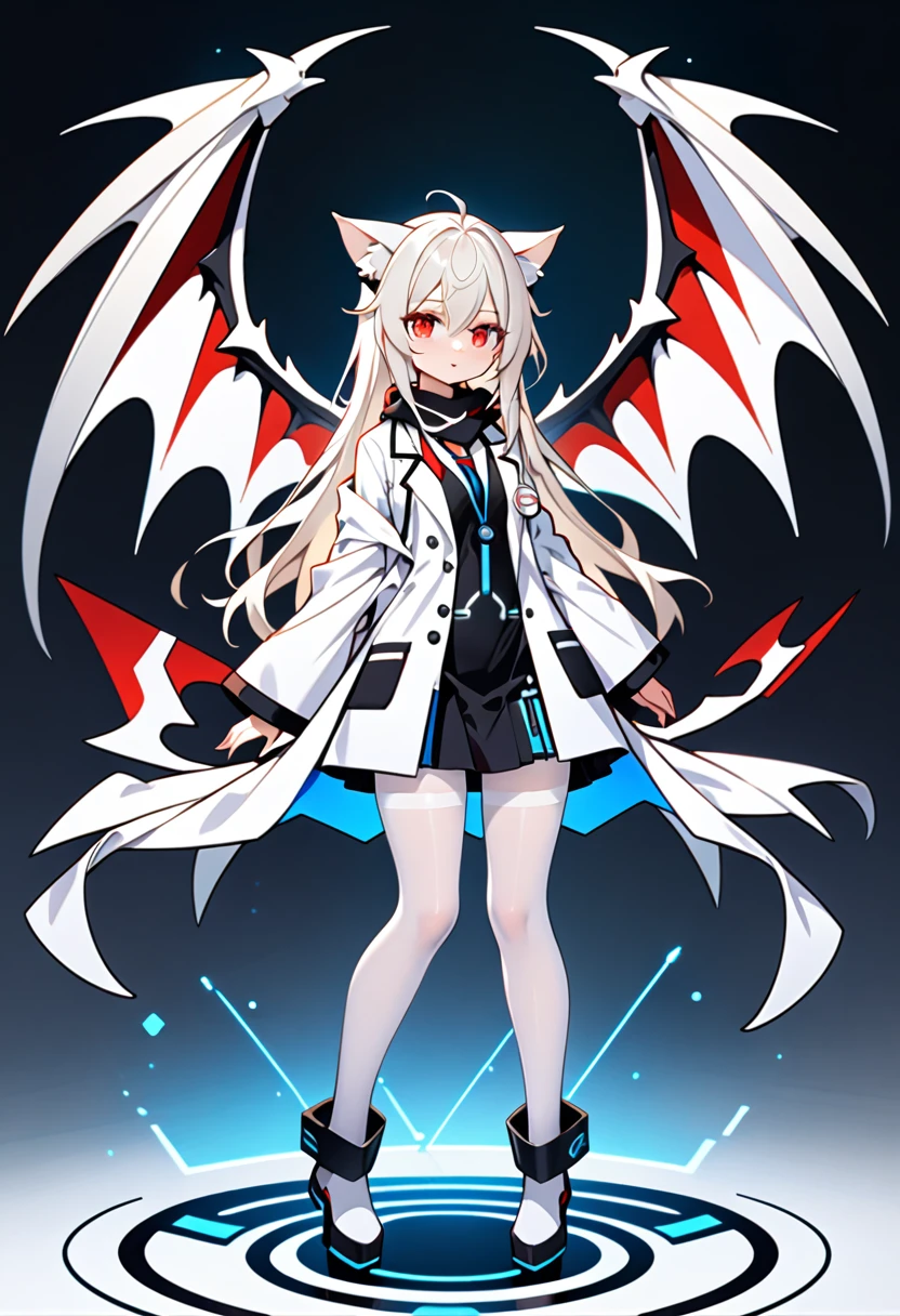 masterpiece, highest quality, highest resolution, clear_image, detailed details, White hair, long hair, cat ears, 1 girl, red eyes, white lab coat (with a black short skirt), white pantyhose, white scarf (around the neck), futuristic dragon wings (6 wings), cute, full body, no water marks, laboratory, no extra limps, no extra bod