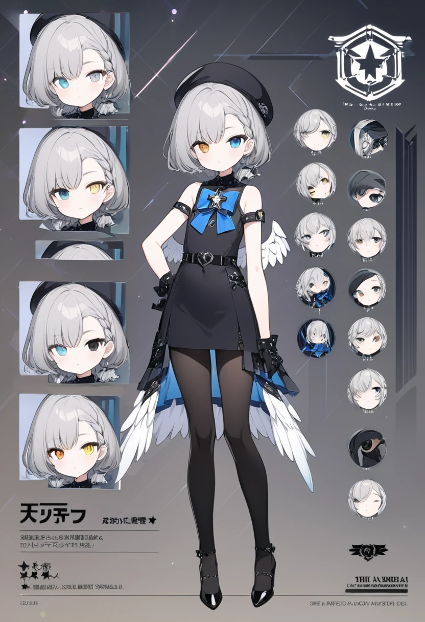 short gray hair,   slim build，Braided Cords Braids，short shoulder length hair，small face， short height of 165cm，adorable，The legs are very thin.，The best quality at the best，Exquisite and epic character art., Amazing modern character trending theme.，character design（character reference sheet：1.10），she wears black knee-high stockings，She wears black stiletto heels, she wears a low-waisted one-piece dress, He wears black gloves up to his forearm., Women, He has one gray eye and one light blue eye., He wears a French beret with an angel wings emblem, her hair is braided on the left side, It has a star-shaped brooch on the left side, has sectoral heterochromia, He wears a black belt at hip height..