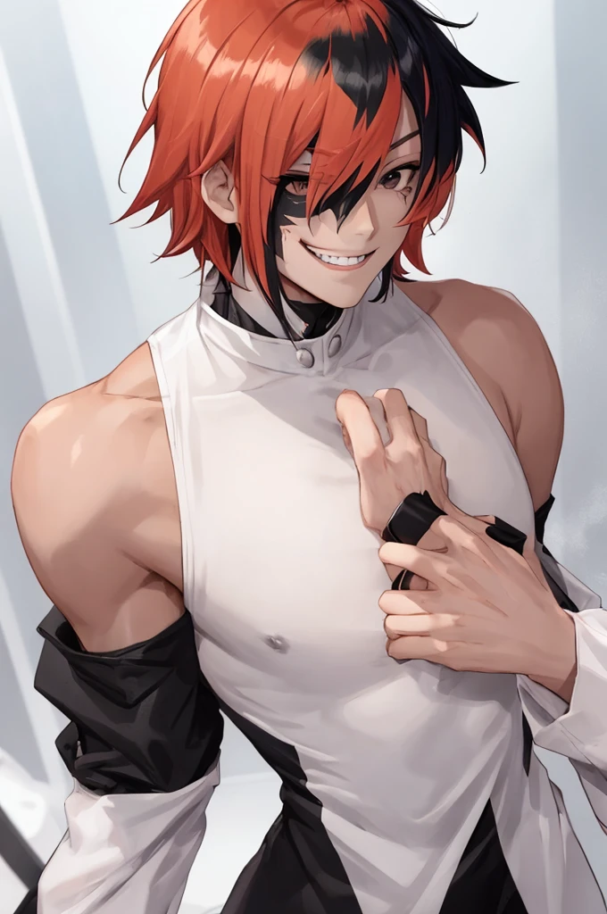 bad anime boy, orange pink and black misked hair,evil smile, black eyes,some black lines on face and shoulders,wearing a white dress, planing something evil,be sure to draw a BOY, Male character, AND A SHORT HAIR