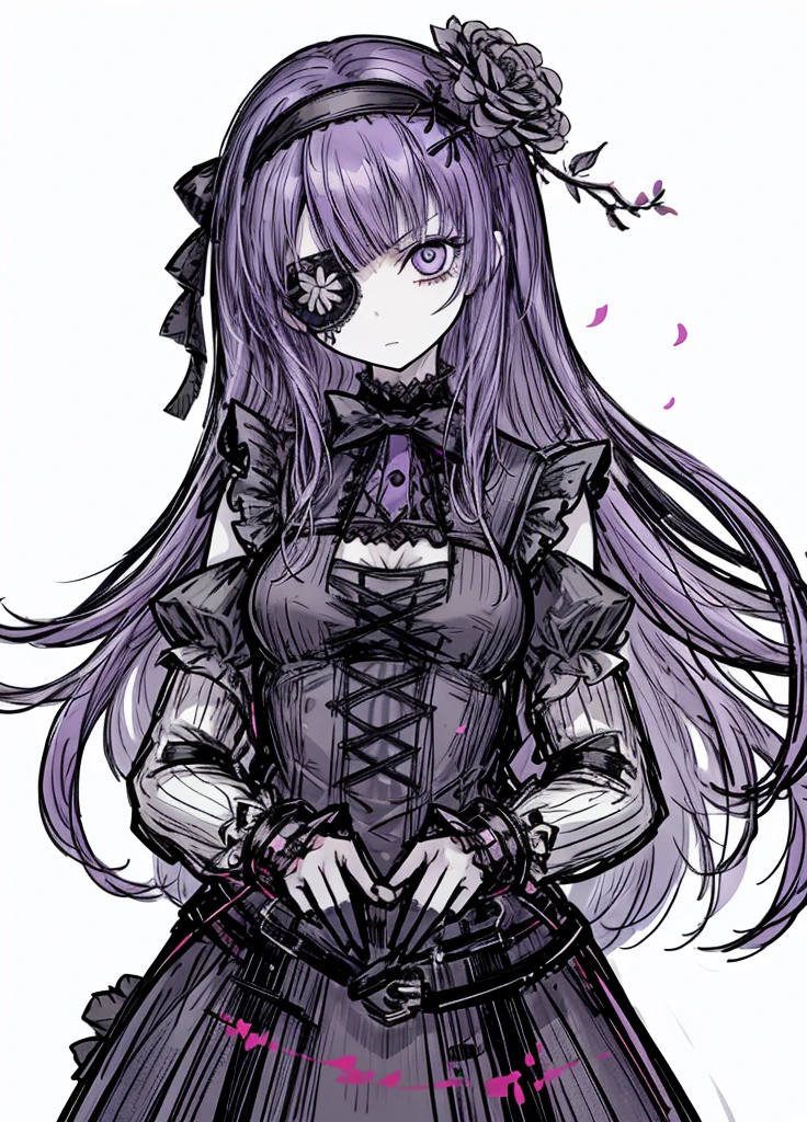 1girl, violet hair,garden alchemist dress ,pale skin,(high resolution, high detail, best quality),
black eye patch, serious, flat-chested, headband, black flowers