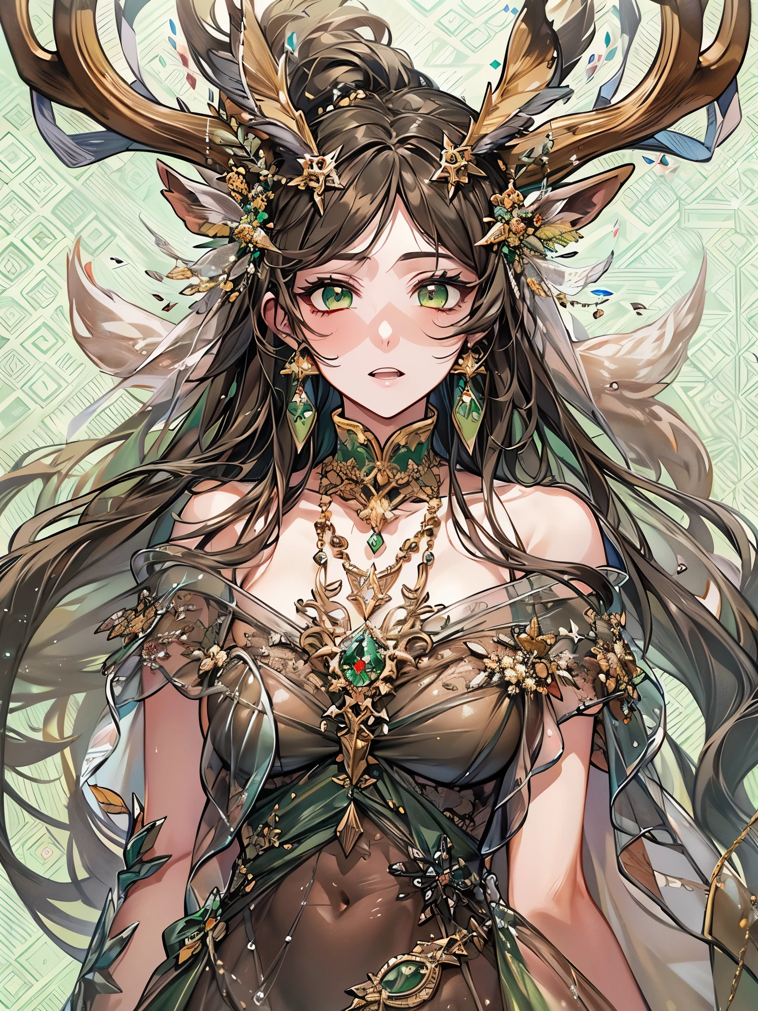 ((Highest quality)),(Ultra-high resolution),(Ultra-detailed new),(Detailed Description),((The best CG)),(masterpiece),Highly detailed art,A wonderful new art form,(Art with precise details:1.5), (One woman:1.4),Beautiful and well-proportioned face:1.6,(Deer horn:1.3),discharge:1.8,(Sharp green eyes:1.6),(See-through dress:1.6),(Tribal:1.3),hoof:1.1