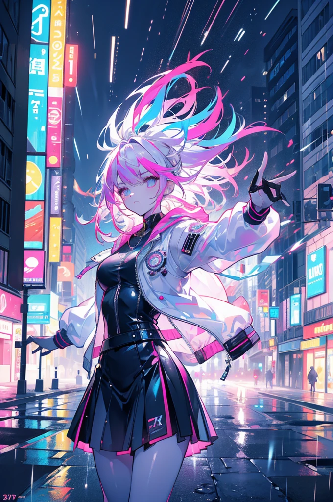 Masterpiece, ultra detailed, beautiful,Super Saturation, Neon Street,1 girl, street, night, rain, colorful, white jacket,From a distance:1.4, cyber punk,vivid,magic,dancing in the rain,dancing:1.6