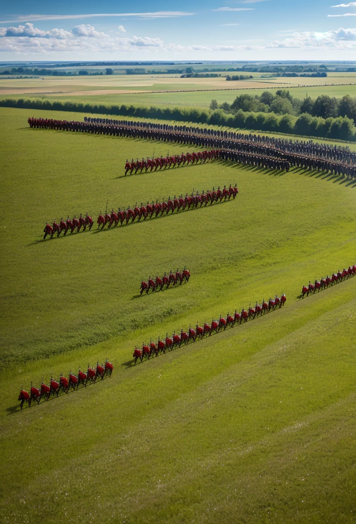 A detailed depiction of a Polish and Russian army clashing on a battlefield surrounded by lush green fields. The Polish cavalry, with their distinctive winged hussars, are charging at the Russian infantry, who are holding their ground with bayonets fixed. The scene is dynamic and filled with action, capturing the intensity of the struggle for dominance in Eastern Europe
