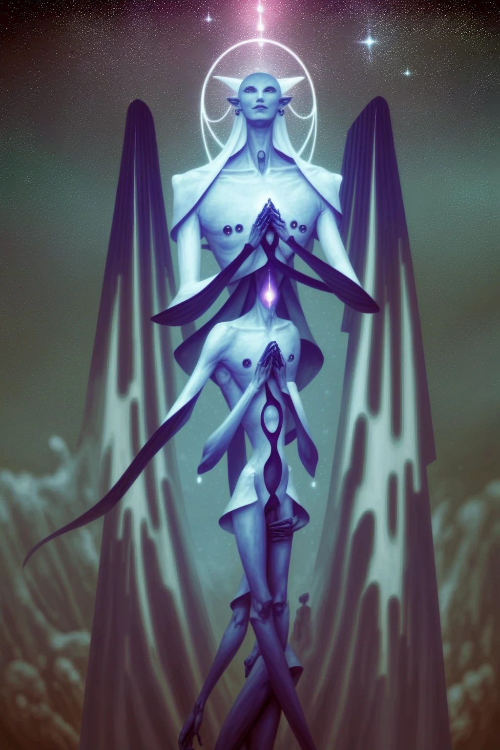A cosmic being that transcends the concept of man, a towering faceless entity in a perfect white void, an alien of incredible scale, galactic purple skin, 6 slits across the face pouring with stardust, very long limbs, boney hips, strange hands with 2 thumbs and 2 fingers on each side, pearly white piercings lining up symmetrical across its abdomen, pearly white and alien jewelry hanging off the sides of its head, an imposing figure, cosmic