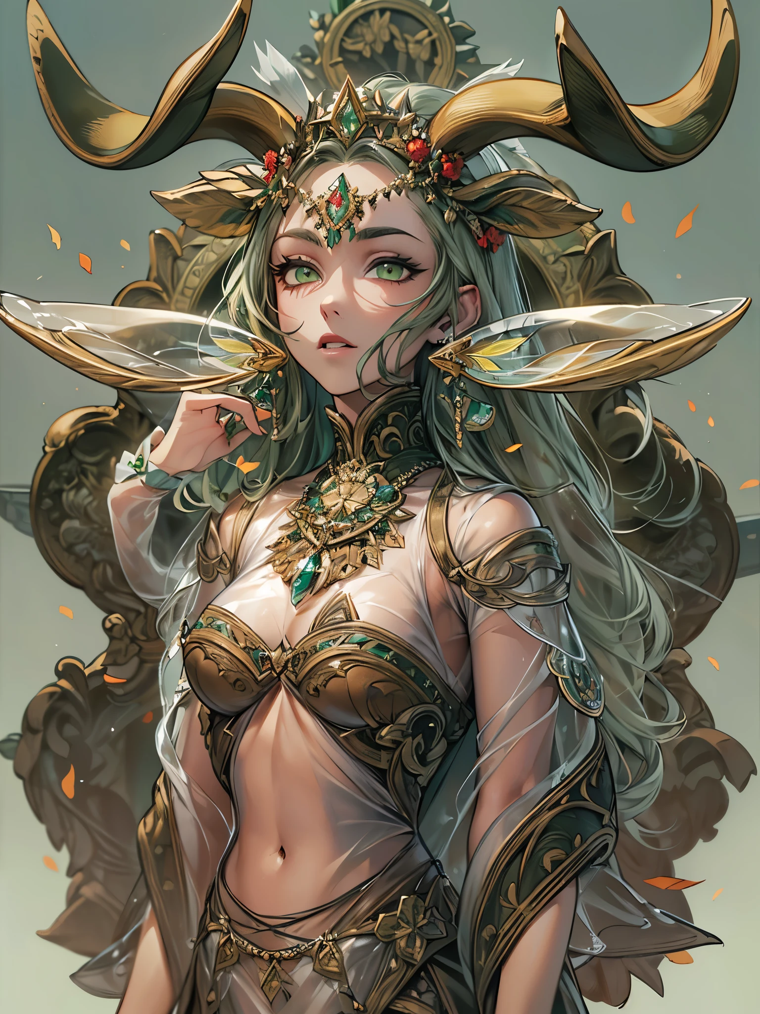 ((Highest quality)),(Ultra-high resolution),(Ultra-detailed new),(Detailed Description),((The best CG)),(masterpiece),Highly detailed art,A wonderful new art form,(Art with precise details:1.5), (One woman:1.4),Beautiful and well-proportioned face:1.6,(Deer horn:1.3),discharge:1.8,(Sharp green eyes:1.6),(See-through dress:1.6),(Tribal:1.3),hoof:1.1