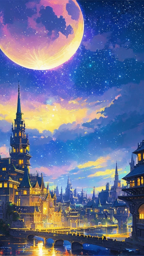 ((huge pale yellow moon))((A girl who looks up at her profile and is subjectively depicted))、((crying girl))、Profile girls、On a multicolored background、Painting of a river with stars and moon in a rainbow sky、Shining skyscrapers、shine all over、Concept art inspired by Mitsuoki Tosa、pixiv contest winner、highest quality、fantasy art、beautiful anime scene、bright moon、moonlit star environment、dream picture、anime backgroundアート、fantasy landscape art、fantasy knight、anime background、background artwork、great art、Atmospheric anime、starry sky、Detail has been enhanced。