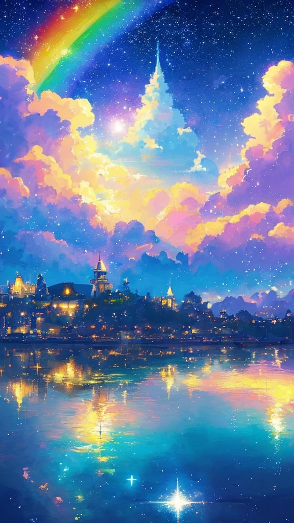 ((huge pale yellow moon))((A girl who looks up at her profile and is subjectively depicted))、((crying girl))、Profile girls、On a multicolored background、Painting of a river with stars and moon in a rainbow sky、Shining skyscrapers、shine all over、Concept art inspired by Mitsuoki Tosa、pixiv contest winner、highest quality、fantasy art、beautiful anime scene、bright moon、moonlit star environment、dream picture、anime backgroundアート、fantasy landscape art、fantasy knight、anime background、background artwork、great art、Atmospheric anime、starry sky、Detail has been enhanced。