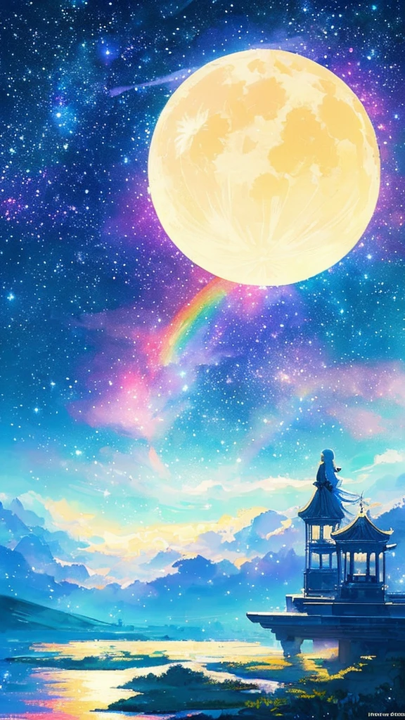 ((huge pale yellow moon))((A girl who looks up at her profile and is subjectively depicted))、((crying girl))、Profile girls、On a multicolored background、Painting of a river with stars and moon in a rainbow sky、Shining skyscrapers、shine all over、Concept art inspired by Mitsuoki Tosa、pixiv contest winner、highest quality、fantasy art、beautiful anime scene、bright moon、moonlit star environment、dream picture、anime backgroundアート、fantasy landscape art、fantasy knight、anime background、background artwork、great art、Atmospheric anime、starry sky、Detail has been enhanced。