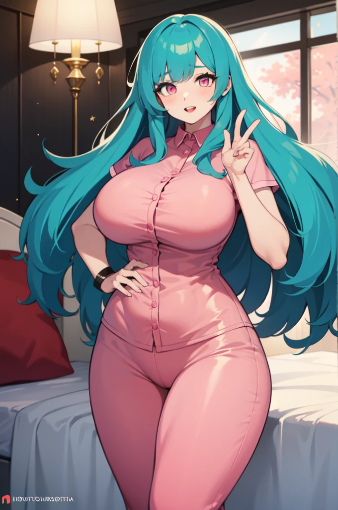 girl with turquoise long blue hair with green and pink streaks, pink eyes with stars, pale skin, hourglass body, thick red lips, a beautiful face, big tits, in her bed with short pink pajamas, masturbanting