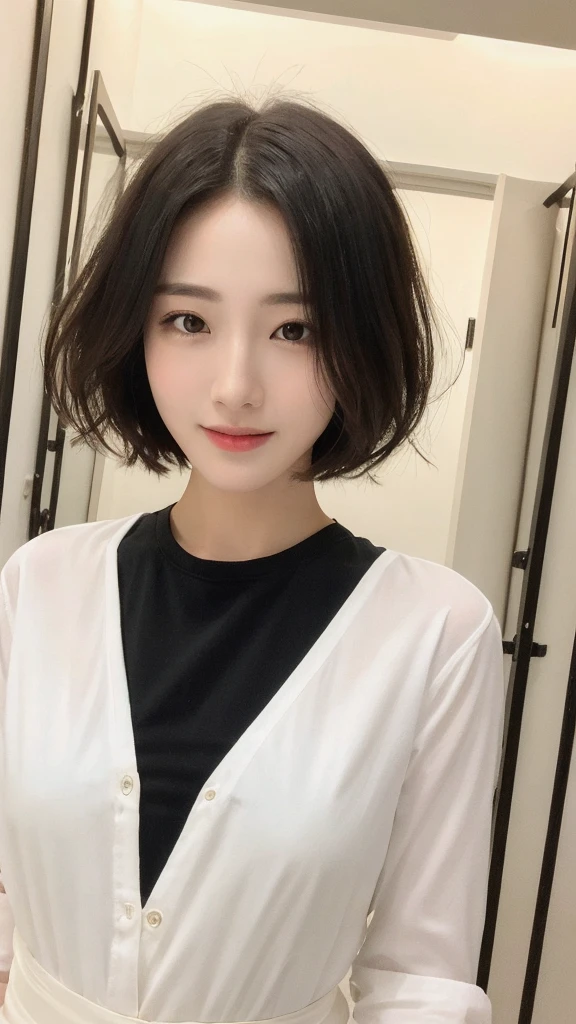 (masterpiece:1.3), (8K, Realistic, RAW Photos, Highest quality: 1.4), Japanese, (One girl), Beautiful Face, (Realistic Face), (Black Hair, short hair:1.3), Beautiful hairstyle, Realistic eyes, Beautiful attention to detail, (Realistic Skin), Beautiful Skin, Charm, Ultra-high resolution, Ultra-realistic, Very detailed, Golden Ratio, (Detailed face:1.2),View your viewers,smile,Open white shirt,Medium chest,Are standing,Hands on hips