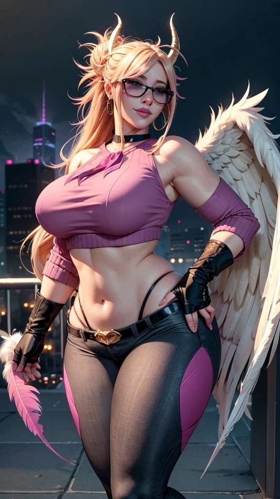 realisticlying,22yo girl,Blonde short、big body, sexy lingerie lace black ,perfect eyes, hair bunches、very very long hair, ultradetailed hair, body nylon sexy, Breasts enlarged、 big body, blonde, woman 1.90 CM,ponytail, ((hair over eyes)),perfect mouth, massive big bounce oppai, WET SKIN, (masterpiece, best quality:1.2), 1girl, solo, city background, haze \(fortnite\), Harpy Haze From fortnite, 1girl, earrings, glasses, hat, jewelry, lips, long hair, looking at viewer, makeup, nail polish, pink eyes, pink hair, pink nails, smile, sunglasses, tinted eyewear, belt, black pants, crop top, eyeshadow, midriff, navel, pants, choker, fingernails, round eyewear, sharp fingernails, standing, black feathers, black headwear, hoop earrings, horned headwear, horns, denim, winged arms, feather trim, star \(symbol\), elbow gloves, dark pink lips, feathers, heels, shoes, angel wings, bangle, black wings, crop top overhang, feathered wings, harpy, low wings, multicolored hair, multicolored wings, pink wings, wings, fingerless gloves, shirt, long fingernails, boater hat, bootcut pants, leather pants, sleeves, black sleeves,massive big bounce oppai,massive big bounce oppai,massive big bounce oppai,