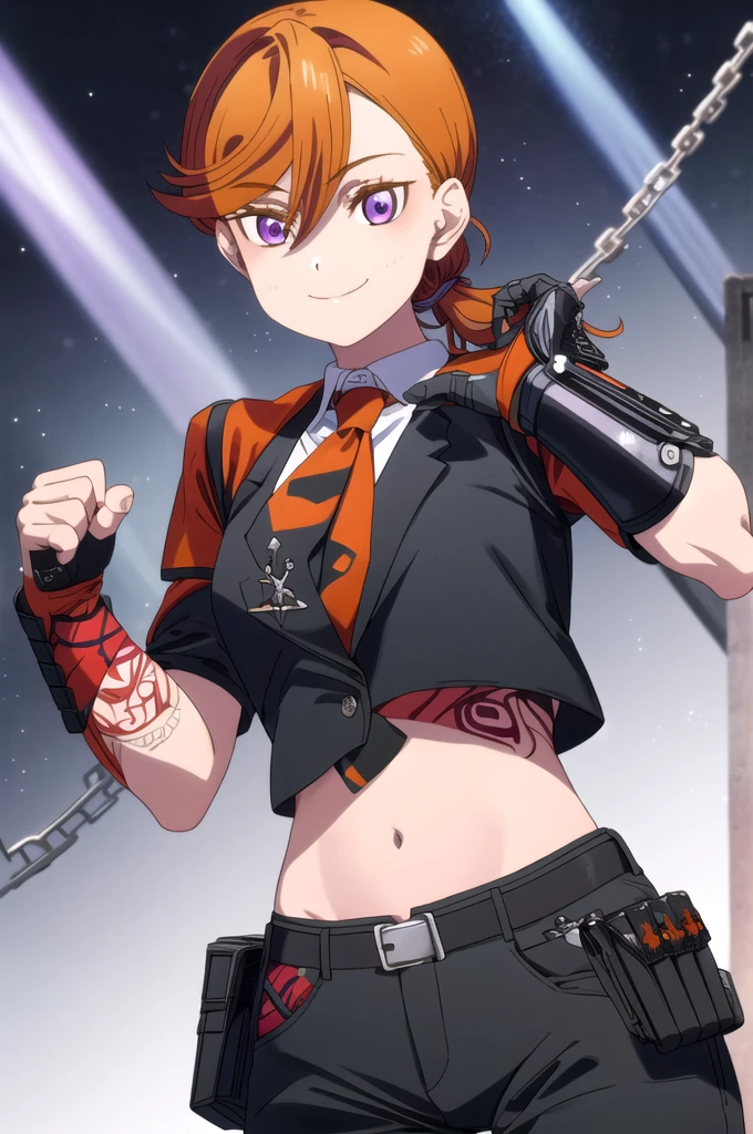 young girl, Short black and orange hair, high ponytail, purple eyes, smile, open belly, black trousers, red jacket, tie, belts, chains, Tattoos, iron gauntlets, face tattoos, Masterpiece, hiquality, 4k, HD, Good detail