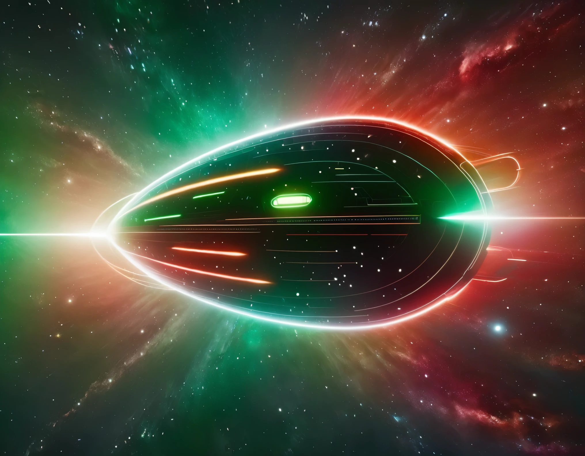 "A sophisticated starship traveling through space, against a gradient backdrop from dark green to red, speckled with stars. The ship’s design boasts a circular front, a streamlined body, and nacelles, with intricate paneling and lights highlighting its advanced technology."
