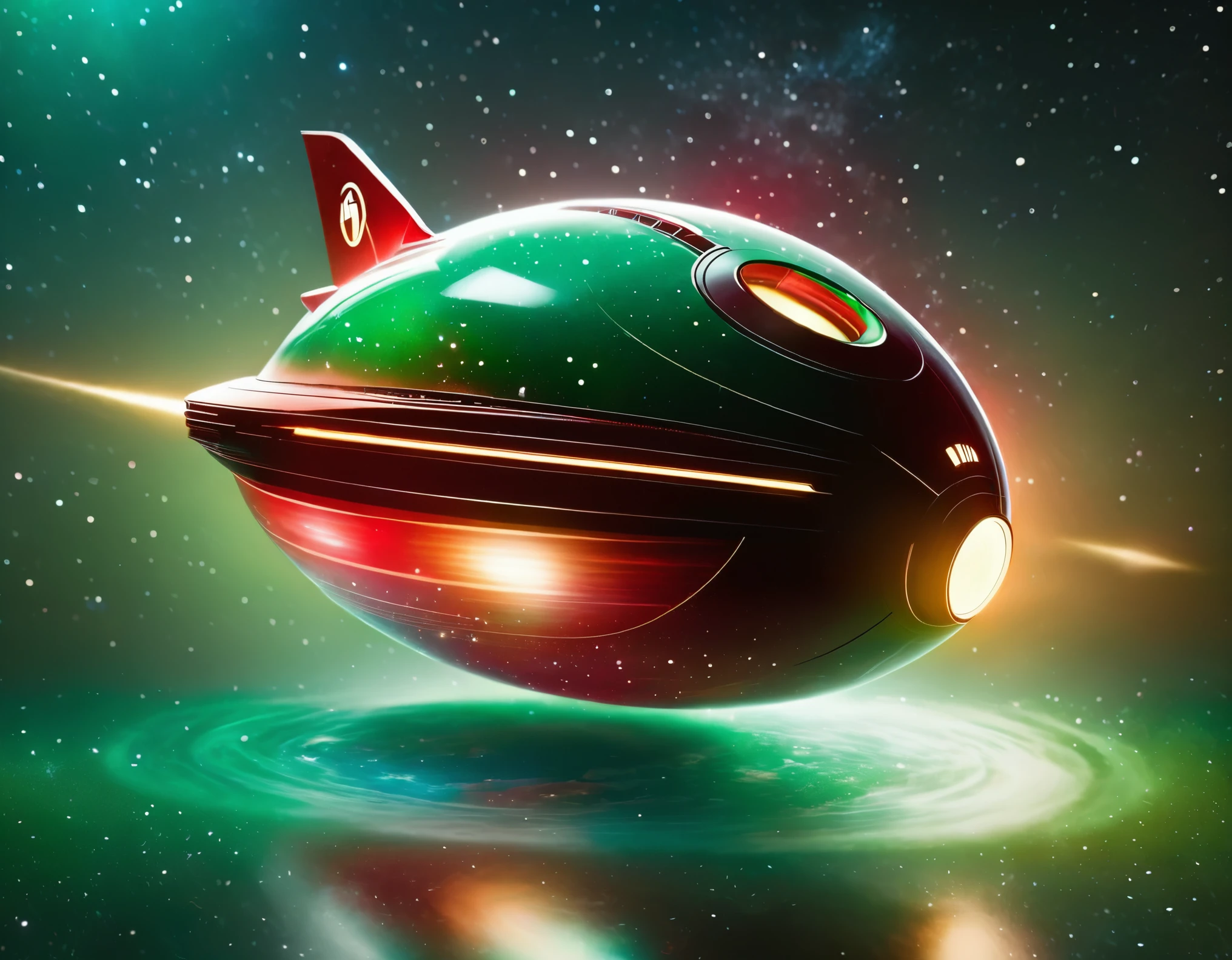 "A sophisticated starship traveling through space, against a gradient backdrop from dark green to red, speckled with stars. The ship’s design boasts a circular front, a streamlined body, and nacelles, with intricate paneling and lights highlighting its advanced technology."