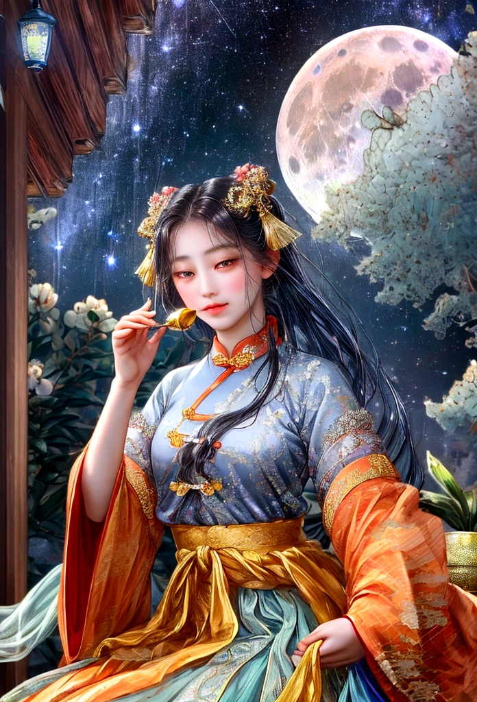 masterpiece, Highest quality: 1.4)， Detailed Background，A beautiful ancient Chinese fairy looks at the camera，streamer，Gauze cloth，Floating in the air，Elevation angle of view，The Milky Way is amazing，The full moon is empty，