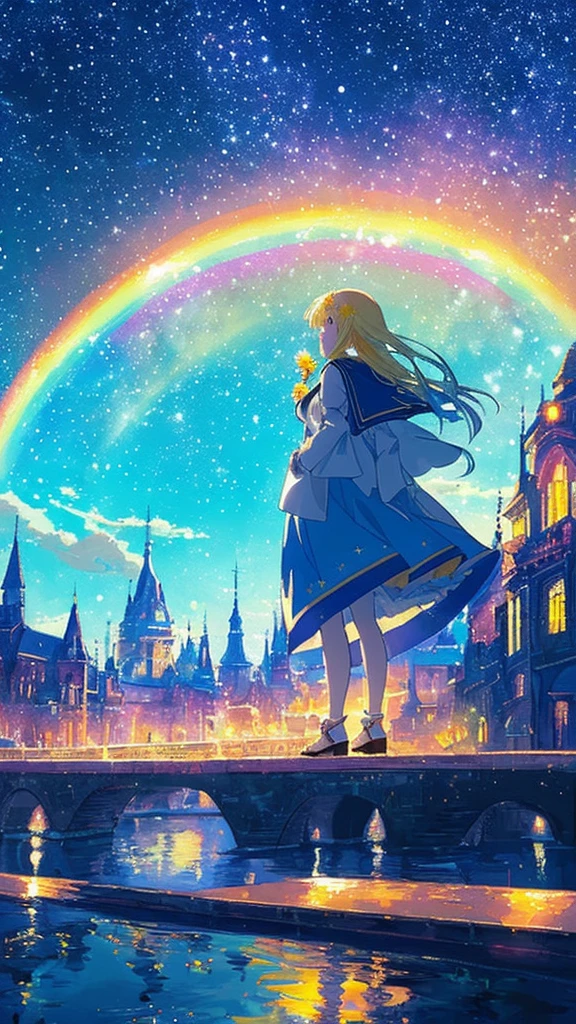 ((huge pale yellow moon))((A girl who looks up at her profile and is subjectively depicted))、((crying girl))、Profile girls、On a multicolored background、Painting of a river with stars and moon in a rainbow sky、Shining skyscrapers、shine all over、Concept art inspired by Mitsuoki Tosa、pixiv contest winner、highest quality、fantasy art、beautiful anime scene、bright moon、moonlit star environment、dream picture、anime backgroundアート、fantasy landscape art、fantasy knight、anime background、background artwork、great art、Atmospheric anime、starry sky、Detail has been enhanced。