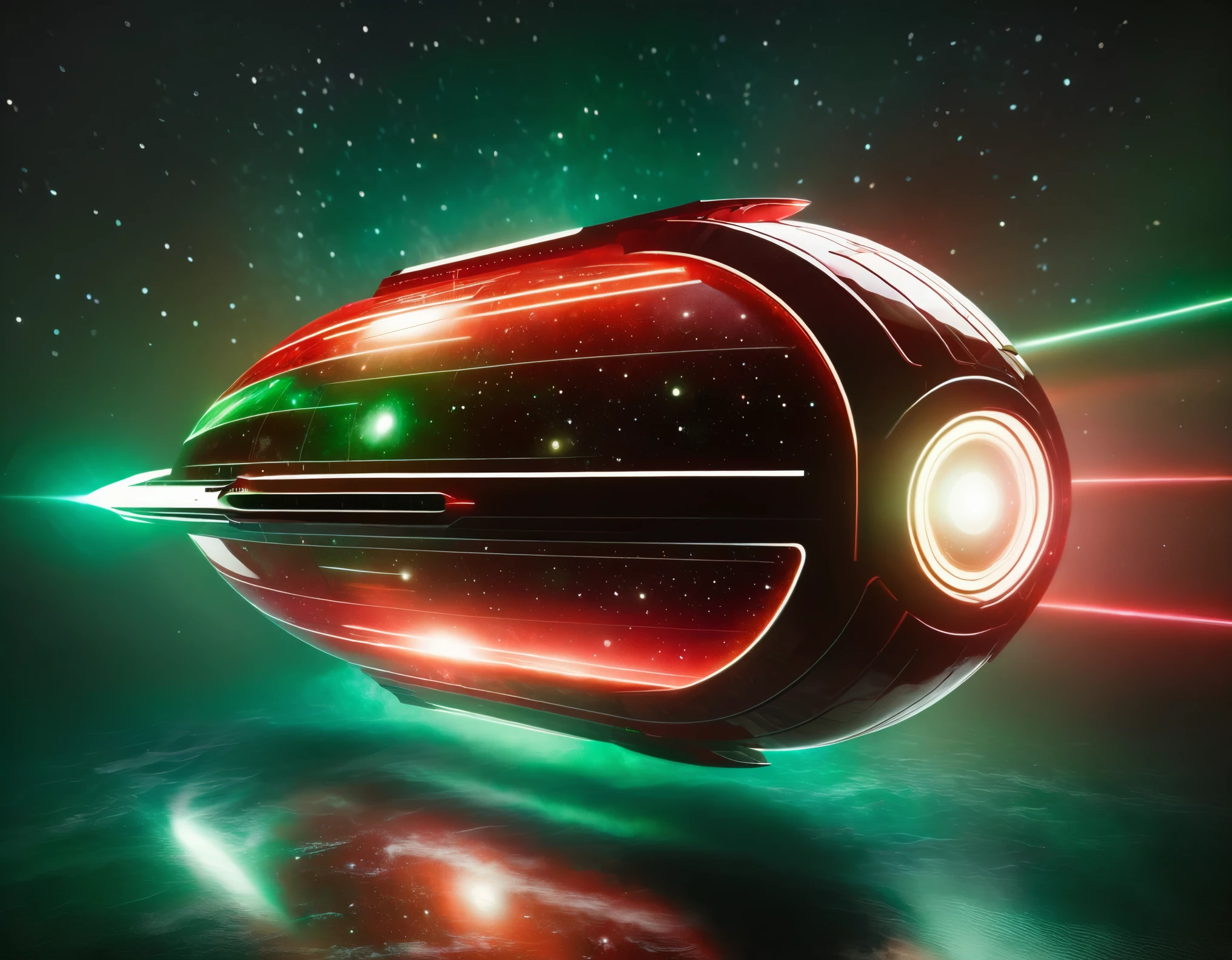 "A sophisticated starship traveling through space, against a gradient backdrop from dark green to red, speckled with stars. The ship’s design boasts a circular front, a streamlined body, and nacelles, with intricate paneling and lights highlighting its advanced technology."
