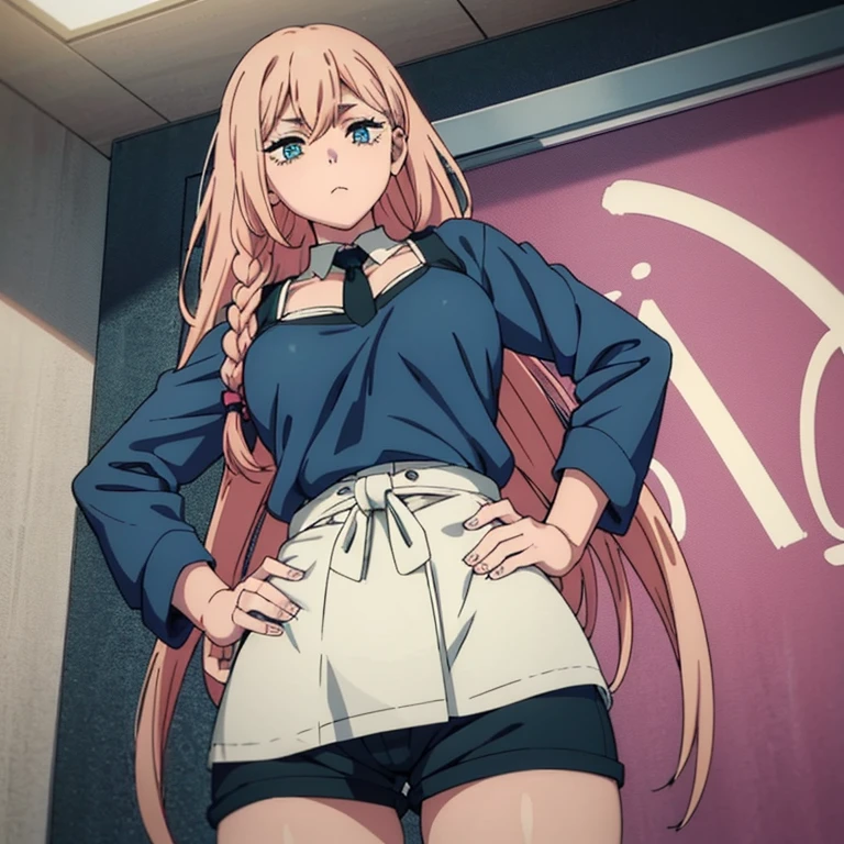 1 girl, pink  hair, blue colored eyes, へそ, gazing at viewer, hand on hip, Black jacke, dolphinshorts, crotch, (white chemise:1.2), braid, pretty long hair, Broad Hips, 
below the chest, chemise, 
big fit ass\(Body proportions\),