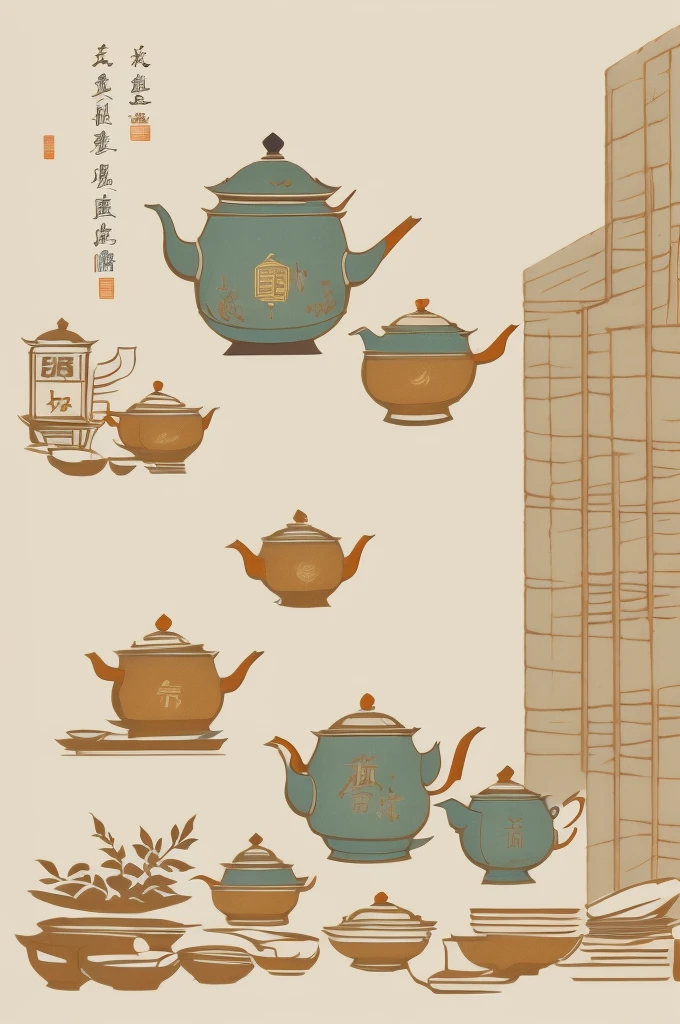 Illustration: Simple, woodblock printing style, meticulous Chinese tea making equipment, teapot, tea cup, tea leaves, kettle, and measuring spoon. No artist's signature, no human being.