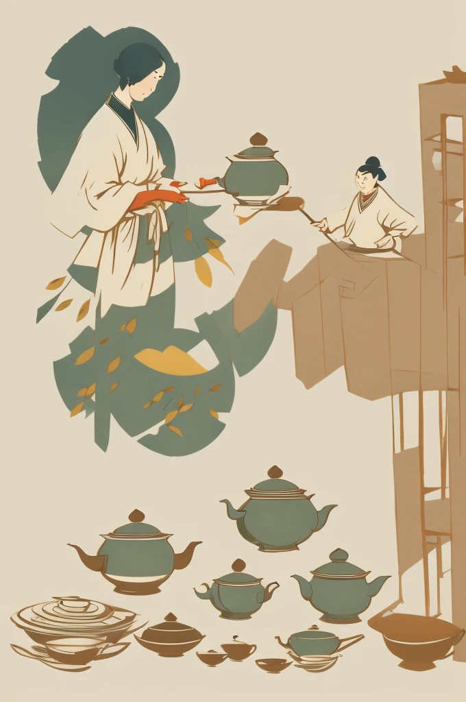 
Illustration: Simple, woodblock printing style, meticulous Chinese tea making equipment, teapot, tea cup, tea leaves, kettle, and measuring spoon. No artist's signature, no human being.