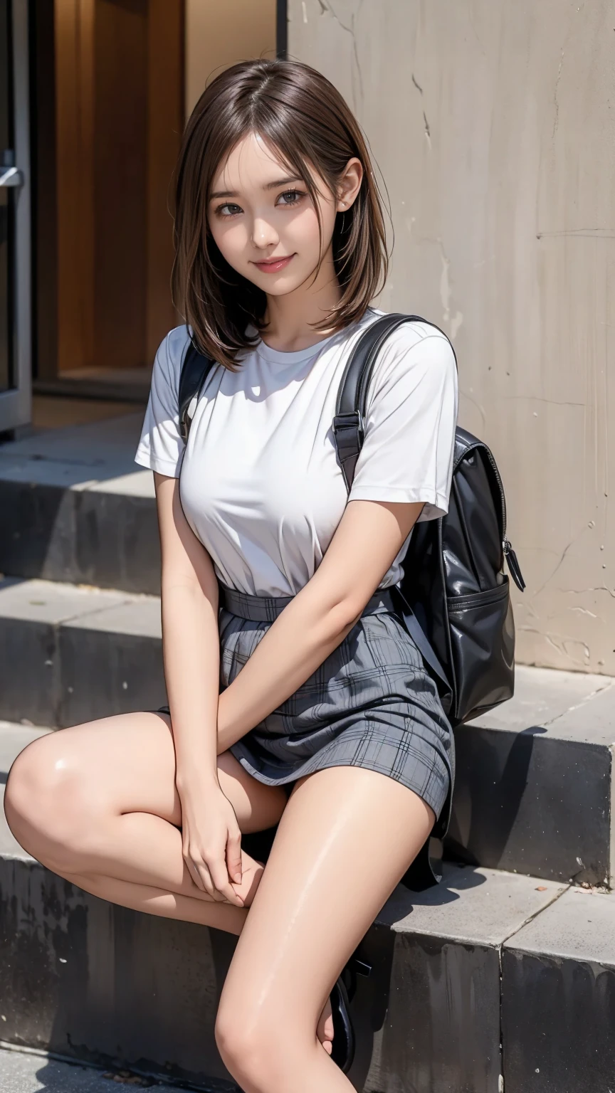 ((masterpiece)),(((Highest quality))),Thin thighs,Long legs,An 18-year-old high school girl standing on the school steps,White shirt,Blue and white plaid mini skirt:1.5,The best smile,Short bob with side waves:1.5,Carrying a black backpack,wear black loafers,Facing the front and spreading legs:1.5,