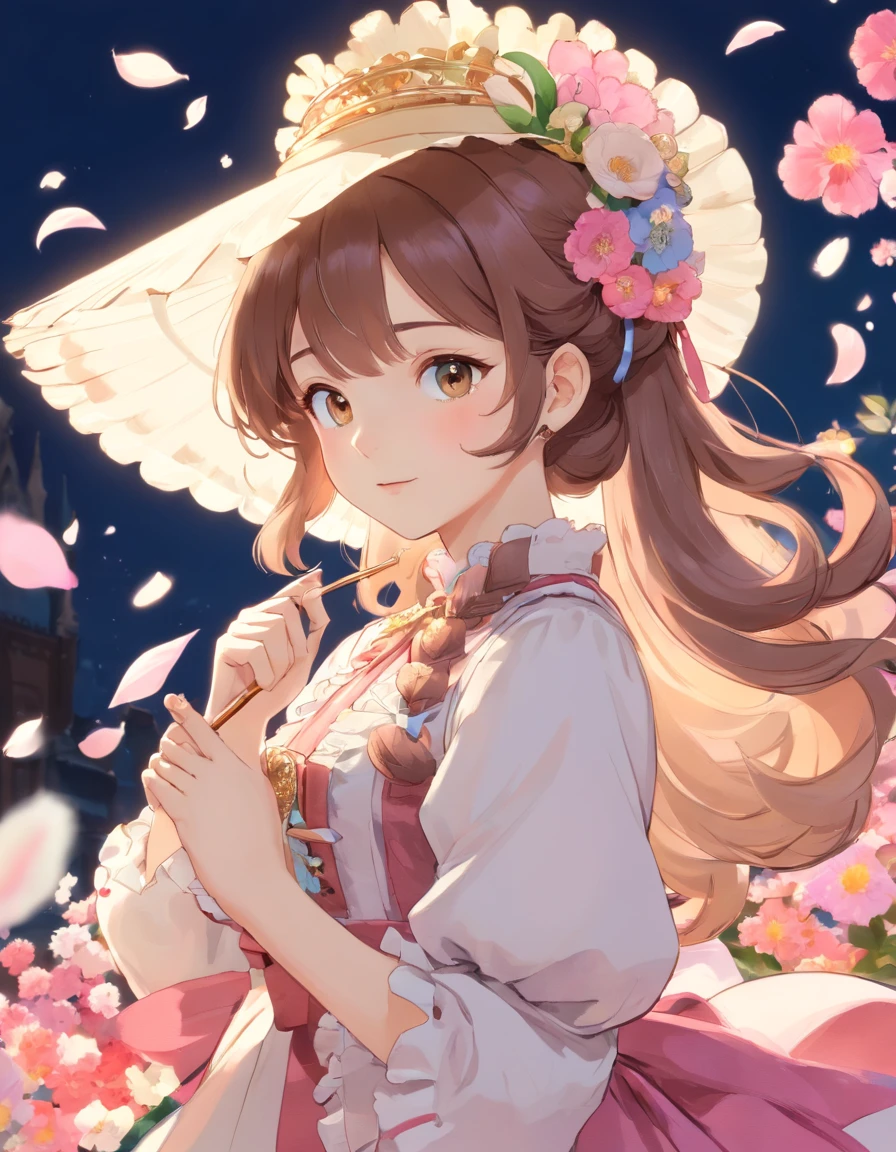 (Masterpiece), (best quality), illustration of Victorian Girl、kawaii girl、aniime、 1. **lo fashion**: Victorian fashion is characterized by dressy and elegant design。Ruffles and laces、corsets、Try incorporating elements such as long dresses。 2. **hairstyle on**: Women's hairstyles in the Victorian era are often complex and delicate。Upstyling and curling、It is also a good idea to add ribbons and floral ornaments to the hair.。 3. **Features**: girl features with soft features、Beautiful、kawaii、intelligent Beatty, Beautiful 5. **accessorized**: Accessories played an important role in the Victorian era。Hats、gloves、umbrellas, etc.、By drawing accessories with attention to detail、You can give your character personality。 Nice dress、florals、Luxurious costumes、PastelColors, (shining brightly), ((dazzling)), (floating a lot of flower petals, ((2D)), ((paper art))、(((グラマラス)))、ふっくら、(((ぽっちゃり)))、(((大きな胸)))