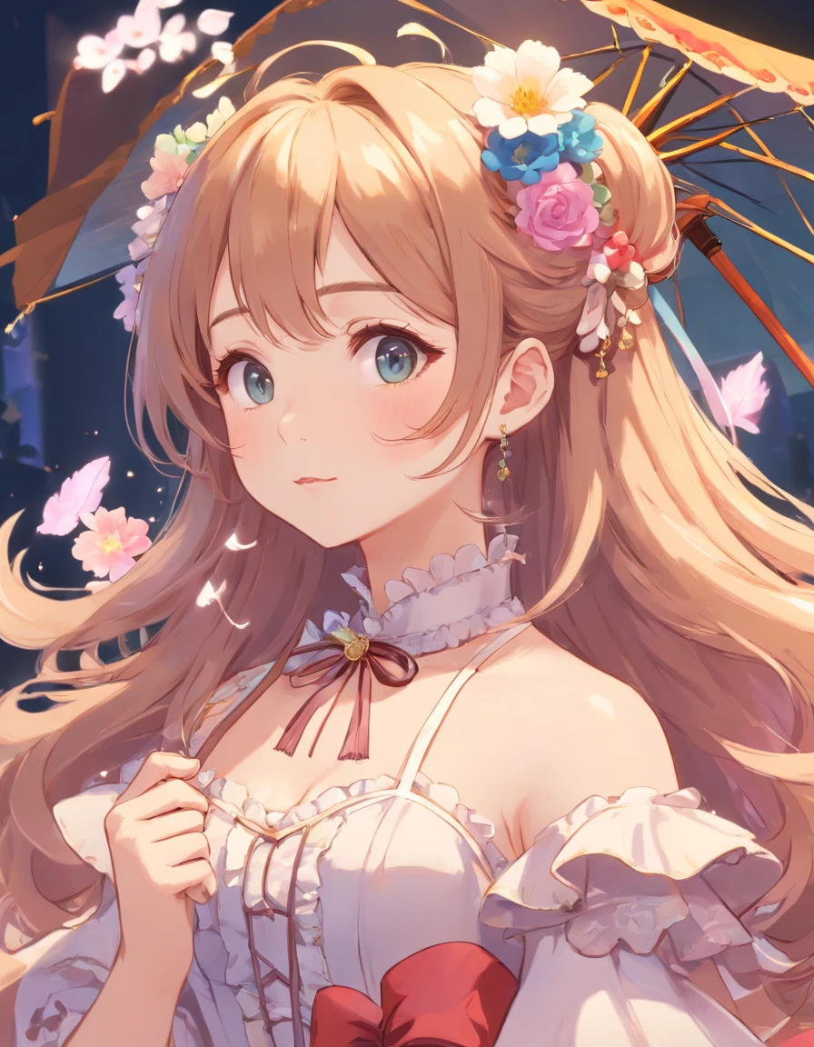 (Masterpiece), (best quality), illustration of Victorian Girl、kawaii girl、aniime、 1. **lo fashion**: Victorian fashion is characterized by dressy and elegant design。Ruffles and laces、corsets、Try incorporating elements such as long dresses。 2. **hairstyle on**: Women's hairstyles in the Victorian era are often complex and delicate。Upstyling and curling、It is also a good idea to add ribbons and floral ornaments to the hair.。 3. **Features**: girl features with soft features、Beautiful、kawaii、intelligent Beatty, Beautiful 5. **accessorized**: Accessories played an important role in the Victorian era。Hats、gloves、umbrellas, etc.、By drawing accessories with attention to detail、You can give your character personality。 Nice dress、florals、Luxurious costumes、PastelColors, (shining brightly), ((dazzling)), (floating a lot of flower petals, ((2D)), ((paper art))、(((グラマラス)))、ふっくら、(((ぽっちゃり)))、(((大きな胸)))