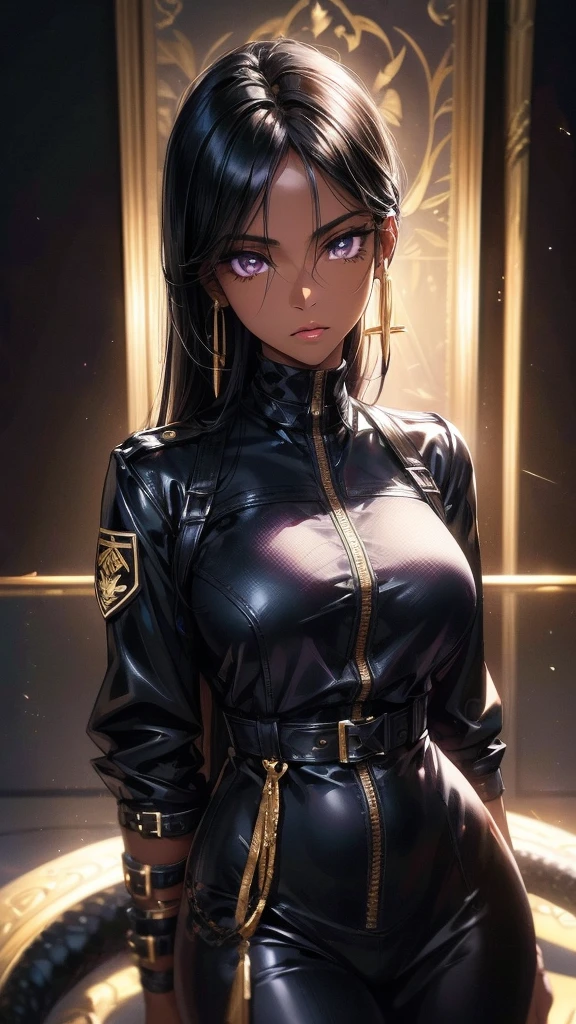 A with jet black straight hair, Dark Skin, Latin, Purple Iris, Wearing a black tactical uniform with gold lines,Wearing gold snake earrings, Delicate eyes, Delicate face, Large Breasts,Overall plump, Exquisite grunge fashion, Light, Realistic concept art with strong backLighting.