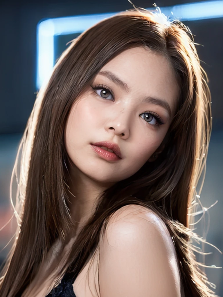 shiny skin, lips, super detailed skin, detailed beautiful face and eyes, spotlight, professional lighting, 1girl, solo, long hair, upper body, ribbon dress, natural pose, lips, indoor, realistic, score_7_up, i want the whole image to be created, kooo123,  sorvete