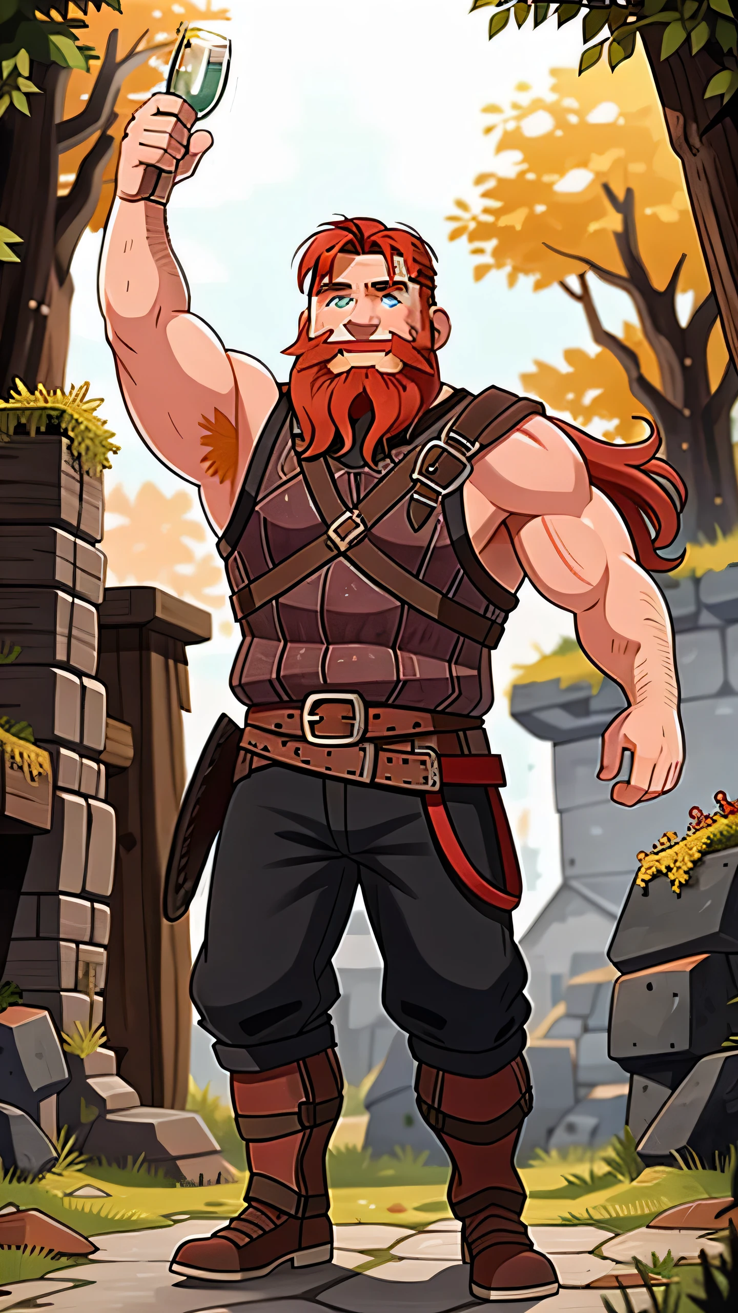 Ingólfr Einarr is a 40-year-old red-haired Viking man with a full beard, outgoing, muscular and very attractive, who wears his imposing medieval armor. hyper detailed and super realistic. cartoon style. Ingólfr Einarr is celebrating with his two arms raised, he is smiling, he is happy
