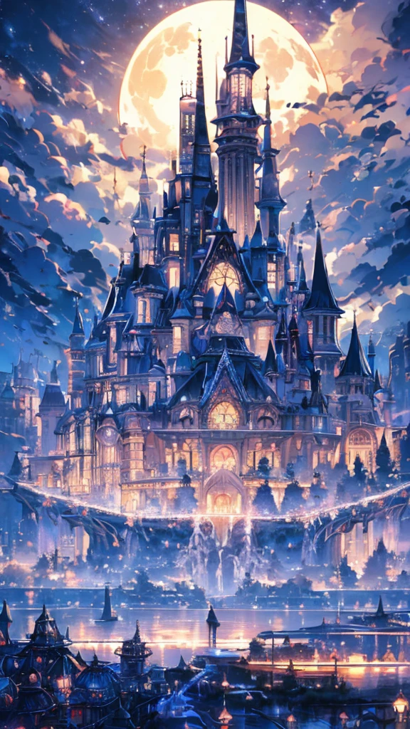 haze, Thomas Kinkade, Aaron Wiesenfeld、Beksinki、Adrian Eversen、Gedimins Plankevicius、Escher, Intricately refined textures, Matte painting details, Deep Color, wonderful, A mysterious school of magic with intricate details、Night Sky、Beautiful Full Moon、SakuraFubuki、Night Scenery
