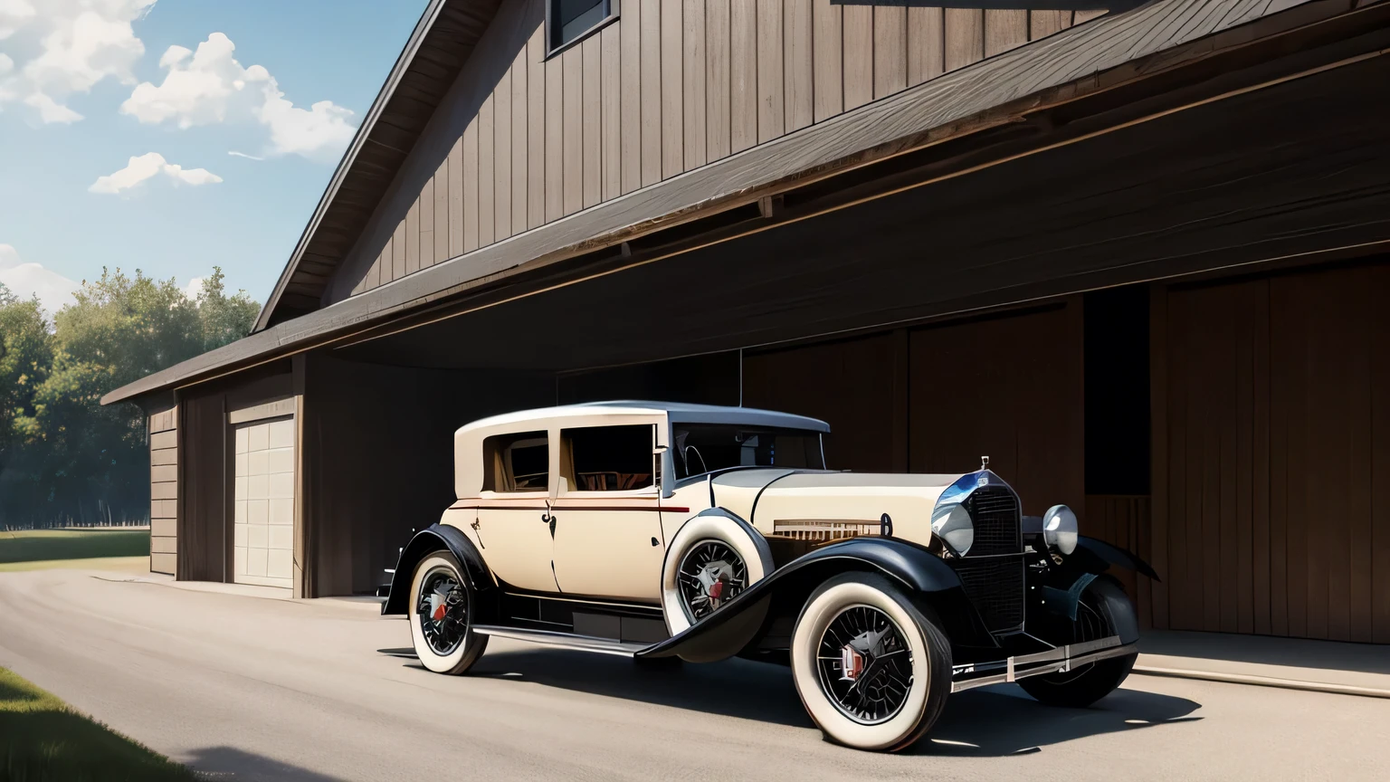 cadillac v16 1930 in a garage illustration art
road highway nearby
