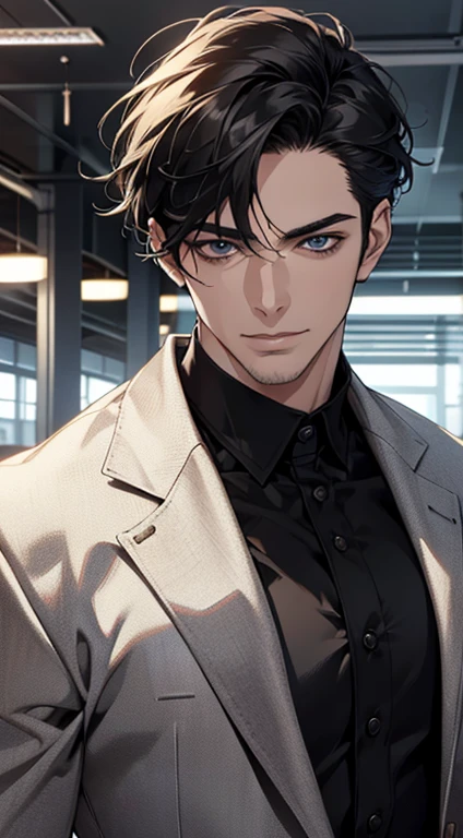 (best quality,4k,8k,highres,masterpiece:1.2),ultra-detailed,(realistic,photorealistic,photo-realistic:1.37),1 man,31 years old,mature man,very handsome,without expression,smile,short grey black hair,blue eyes,penetrating gaze,perfect face without errors,imposing posture,businessman,office background,cinematic lighting,hdr image