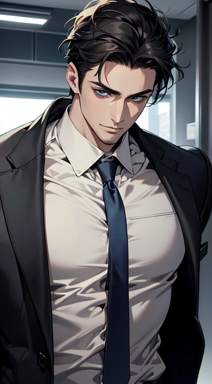 (best quality,4k,8k,highres,masterpiece:1.2),ultra-detailed,(realistic,photorealistic,photo-realistic:1.37),1 man,31 years old,mature man,very handsome,without expression,smile,short grey black hair,blue eyes,penetrating gaze,perfect face without errors,imposing posture,businessman,office background,cinematic lighting,hdr image