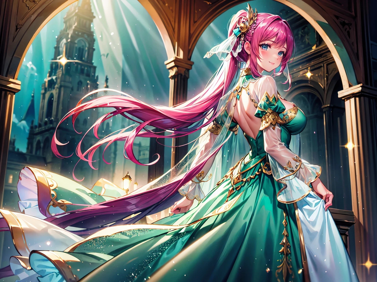 (((young face solo Captivating Adorable princess))), (((dress emerald dress)))), (((Unsurpassed gorgeous rococo victorian gown with voluminous  hoopskirt and long hems, princess style skirt))), (gown brilliances dazzlingly glitter reflective prismatic transparency gown:1.5), (gown ultra elaborate gown:1.5), (gown transparent gown:1.5),  (((huge breasts))), (((breasts focus))), breasts cleavage, ((hair pink hair)), ((ponytail fluffy long ponytail)), (Expressive hair), very voluminous and very long hair, bangs, super delicate and beautiful face, beautiful lips, (hyper detail delicate beautiful eyes blue eyes), hair ornament silver ornament, beautiful smile, (arched back hands on head:1.5:smile:1.1:facing at viewer:1.5:from side:1.5), (((Masterpiece, Super detail, top quality, ultra high res, Spectacular Quality, Distinguished Quality, ultra detailed, unity 16k))), (coastal view:1.5), 