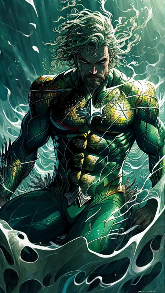 Aquaman sitting in style, close up, ethereal wind armor, in the style of mdrnkz3