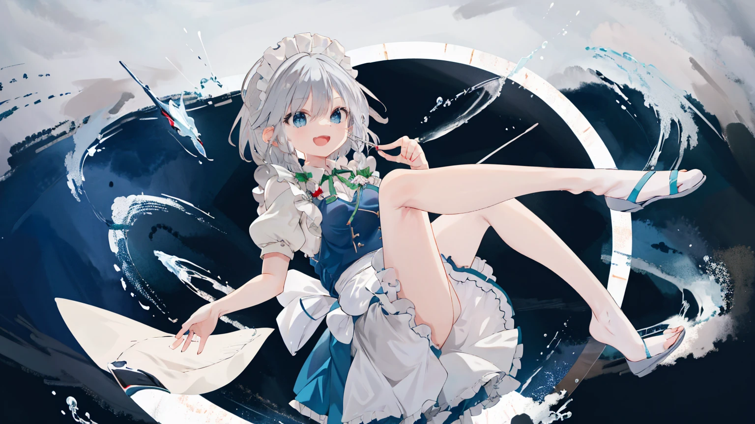 masterpiece, Highest quality, High Resolution, One Girl, solo, sakuya1, Maid, blue eyes, Gray Hair, Mid-breasted, Laughter, Skirt,[[Healed finger]], [[[[multiple limbs]]]]