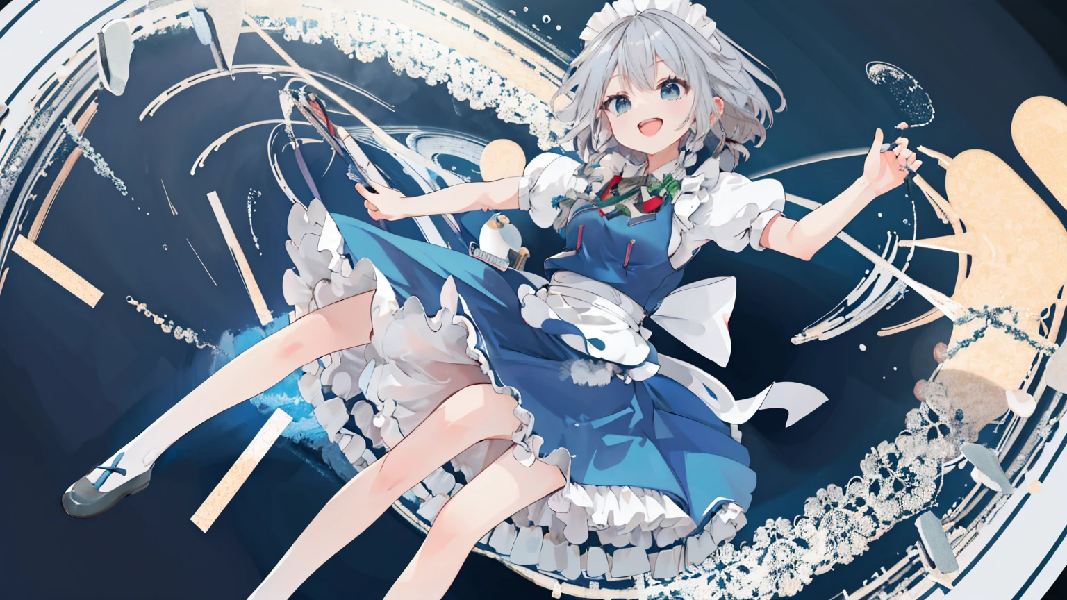 masterpiece, Highest quality, High Resolution, One Girl, solo, sakuya1, Maid, blue eyes, Gray Hair, Mid-breasted, Laughter, Skirt,[[Healed finger]], [[[[multiple limbs]]]]