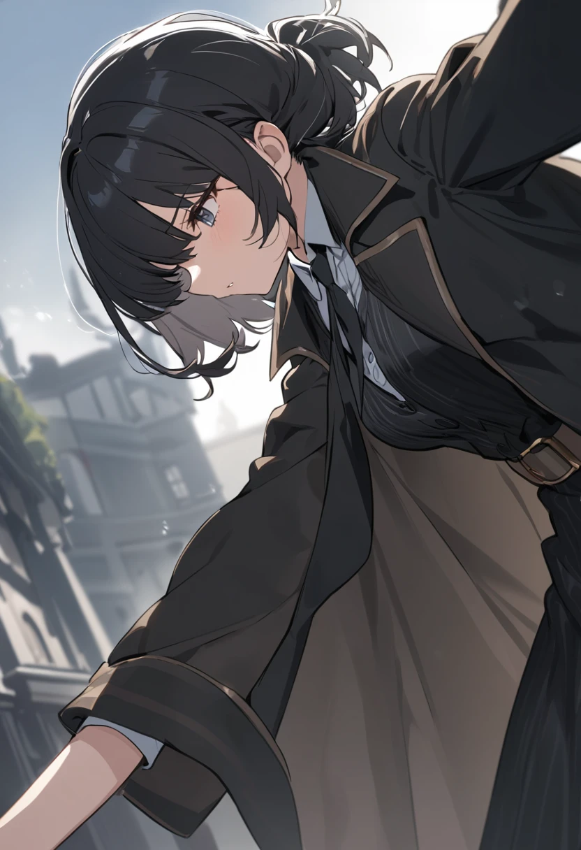 A short female detective wearing black clothes facing forward
