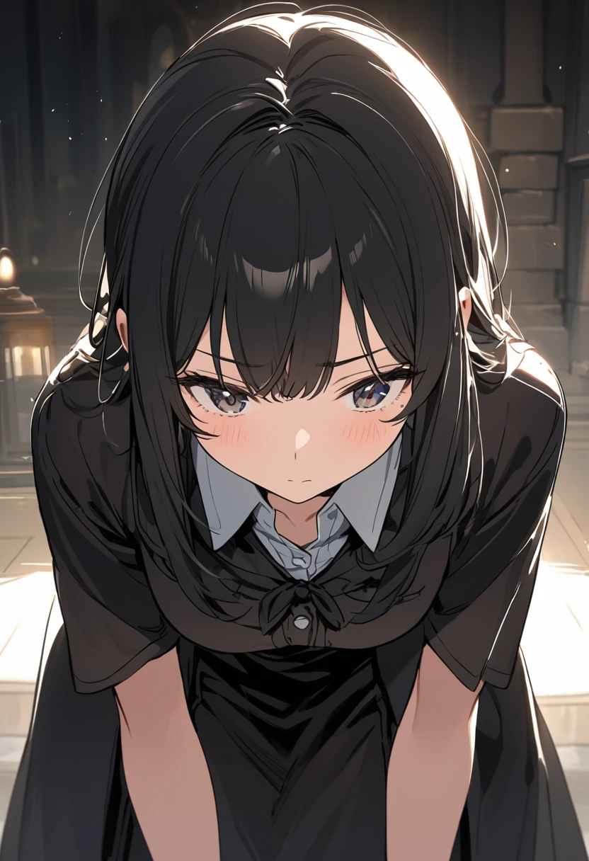 A short female detective wearing black clothes facing forward