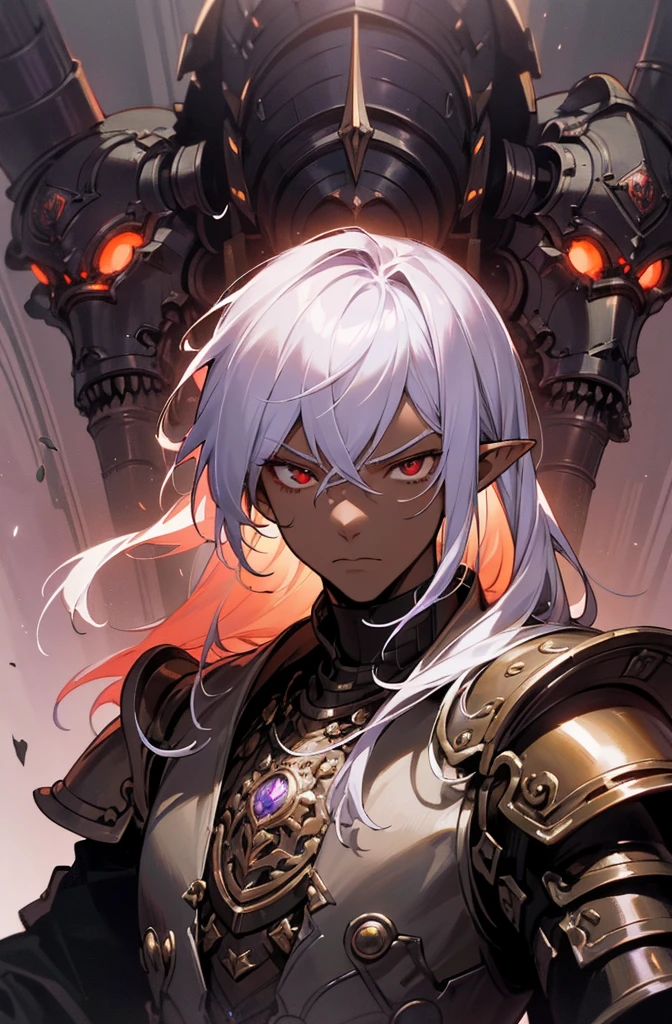masterpiece, best quality, ultra high res, dark theme, 1boy, (dungeonpunk armor), (mechanical steampunk armor), (wearing armor), fantasy illustration, dark skinned, human, upper body, portrait, red eyes, long white hair, half-drow, pointy ears, serious face, young man, dramatic lighting, purple hue, art by Kinema Citrus