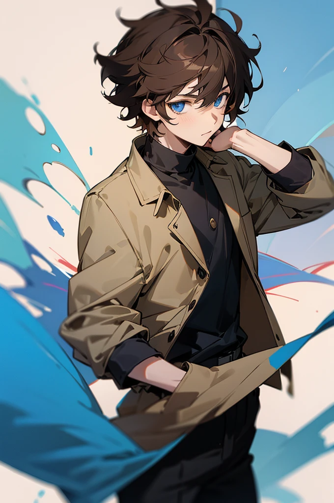 anime, boy, Brown hair, short hair, blue eyes, stylish jacket, black pants, Messy hair,