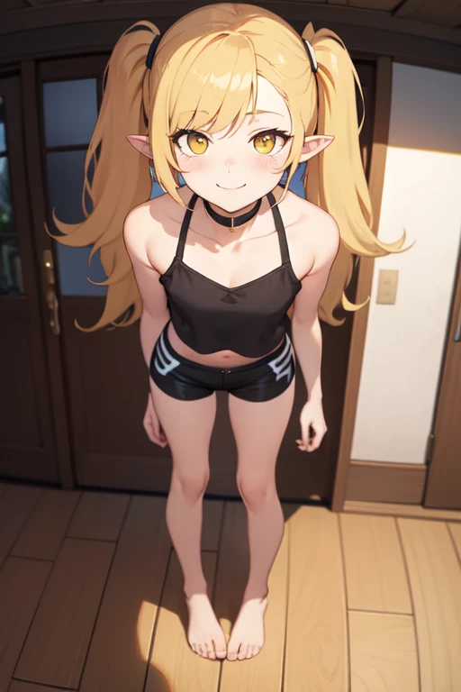 (punctuation_9,punctuation_8_High above,punctuation_7_High above,),oshino shinobu,long hair,standing alone,hair blonde,yellow eyes,pointy ears,looking at viewer,small smile,Crop top,white Crop top,black Shorts,blush stickers,bare shoulders,barefoot,focus on feet,Underarms,small breasts,pigtails,toes,inside her house,bedroom,