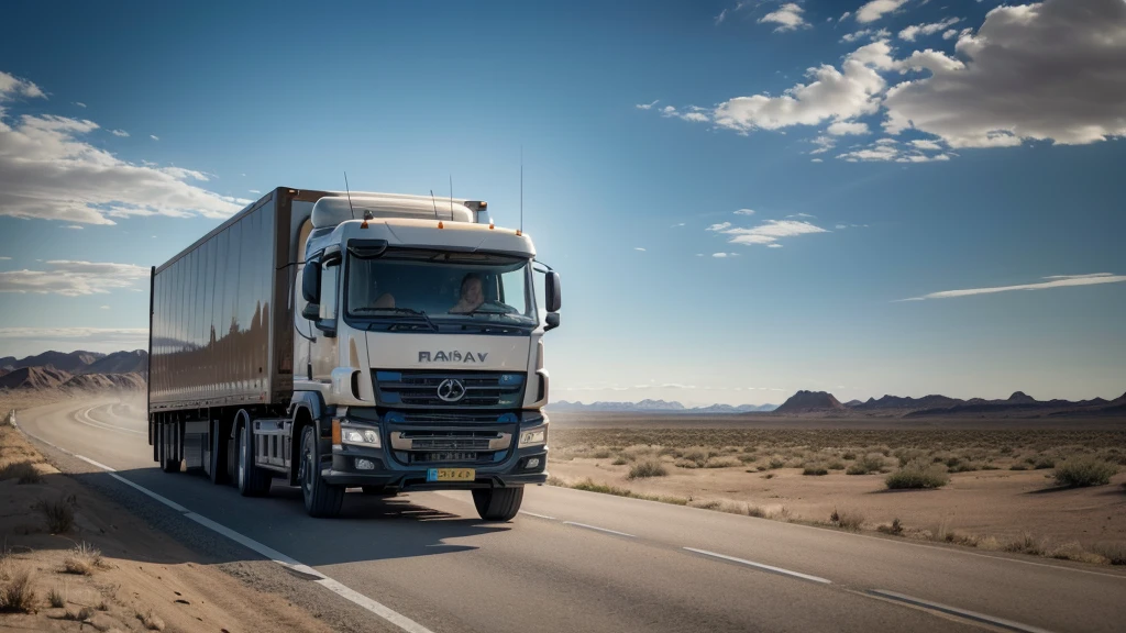 a highly detailed photorealistic image of a lorry on a road near the desert, lateral of the lorry (best quality,4k,8k,highres,masterpiece:1.2),ultra-detailed,(realistic,photorealistic,photo-realistic:1.37),rugged truck, dusty road, vast desert landscape, dramatic lighting, warm color tones, rolling hills, shimmering horizon, sand dunes, clear blue sky, wispy clouds