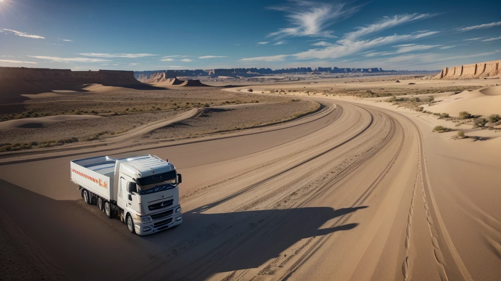 a highly detailed photorealistic image of a lorry on a road near the desert, lateral of the lorry (best quality,4k,8k,highres,masterpiece:1.2),ultra-detailed,(realistic,photorealistic,photo-realistic:1.37),rugged truck, dusty road, vast desert landscape, dramatic lighting, warm color tones, rolling hills, shimmering horizon, sand dunes, clear blue sky, wispy clouds