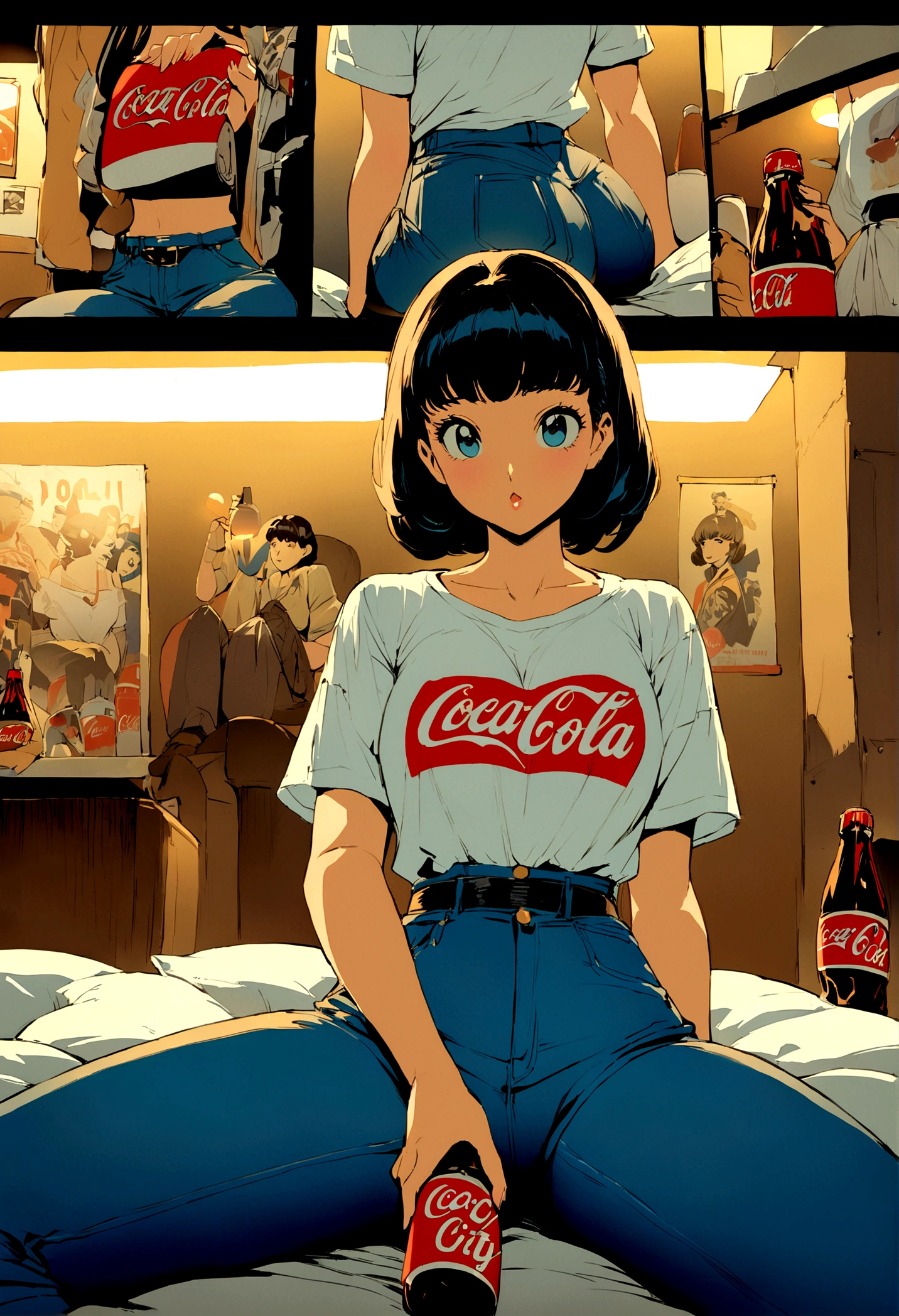 (vintage),(Retro),(Cartel), coca cola advertising with perfect girl, clothing oversized blue jeans and white t-shirt with open waist(sexy), military environment, Masterpiece, comics(tokyo city) (1990) night atmosphere, with city lighting, sitting showing bottle
