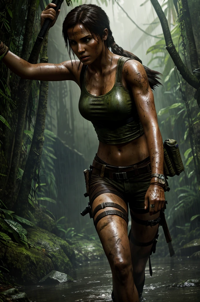 Realistic image of tomb raider in the rain in the jungle