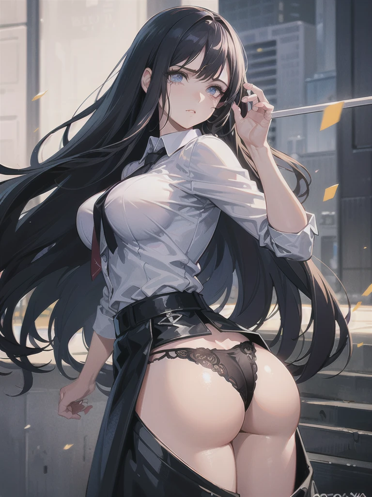 a long-haired girl in a black skirt and white shirt, tied up on a light pole, crying and frowning with embarrassment, her purple panties and ass showing, (best quality,4k,8k,highres,masterpiece:1.2),ultra-detailed,(realistic,photorealistic,photo-realistic:1.37),intricate details,cinematic lighting,dramatic lighting,dramatic shadows,dramatic pose,highly detailed face, beautiful detailed eyes,beautiful detailed lips,extremely detailed eyes and face,longeyelashes