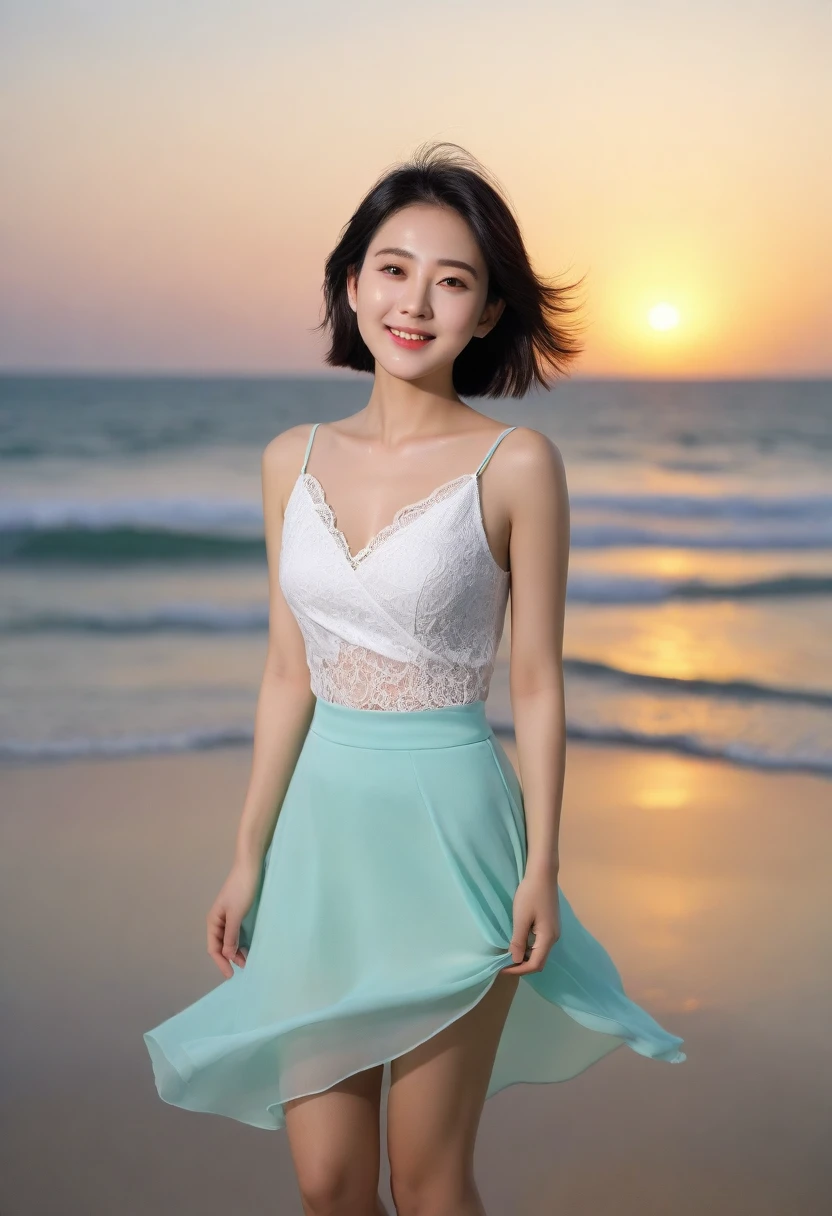 sunset on the beach，There is an afterglow on the sea, Beautiful 36 year old short Korean woman, Chest size 34 inches, Wear sleeveless, light skirt, sunset beach . beautiful pretty woman look , wearing a light skirt , Go far into the sea water and dip your toes., Short medium hair blowing in the wind, 1 woman, beautiful eyes, a little smile, Full body photo from a distance with a wide angle lens